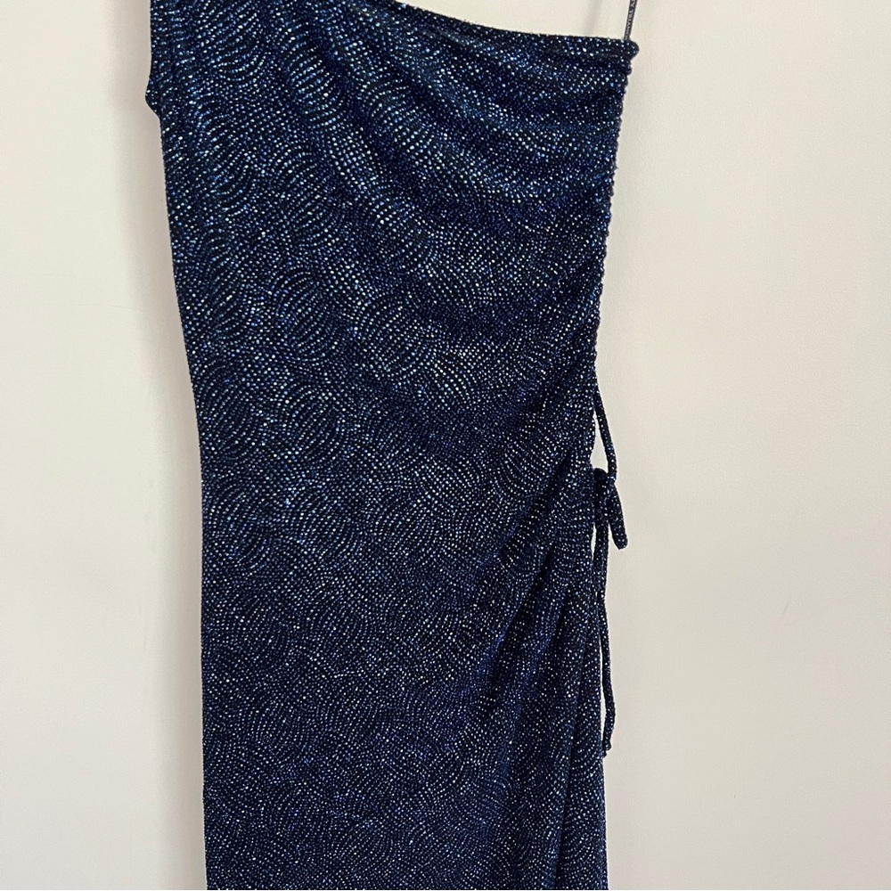 Vintage NWT Blue Sparkle Glitter One Shoulder Y2K Ruched Dress Size L - Picture 5 of 13